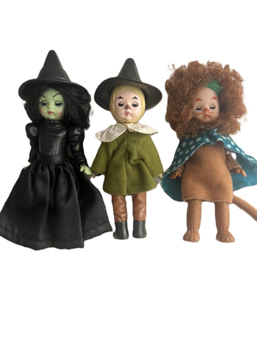 3 Vintage Wizard of Oz Dolls Collection Scarecrow, Cowardly Lion & Wicked Witch